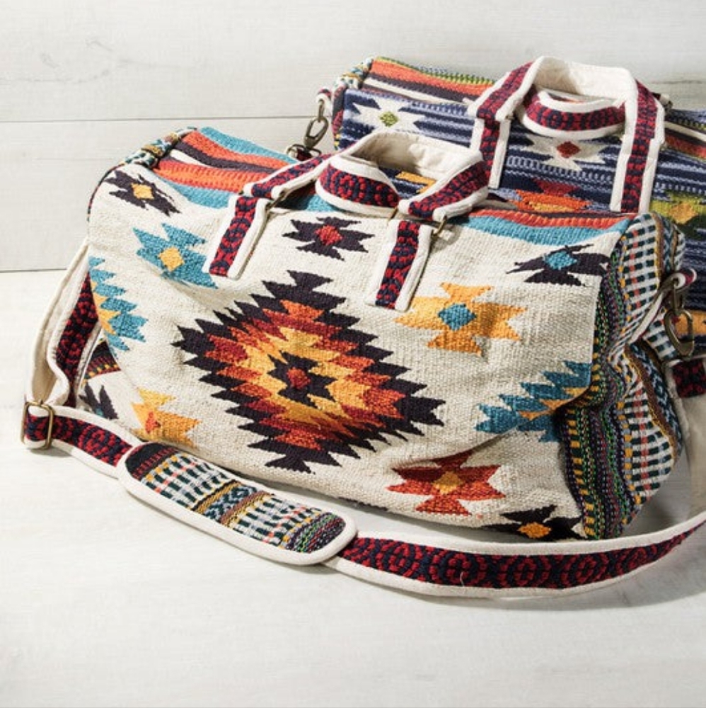 Ivory Boho Chic Travel Bag - Navajo Inspired Design - Handmade Fully Fine Cotton - Picture 6 of 13